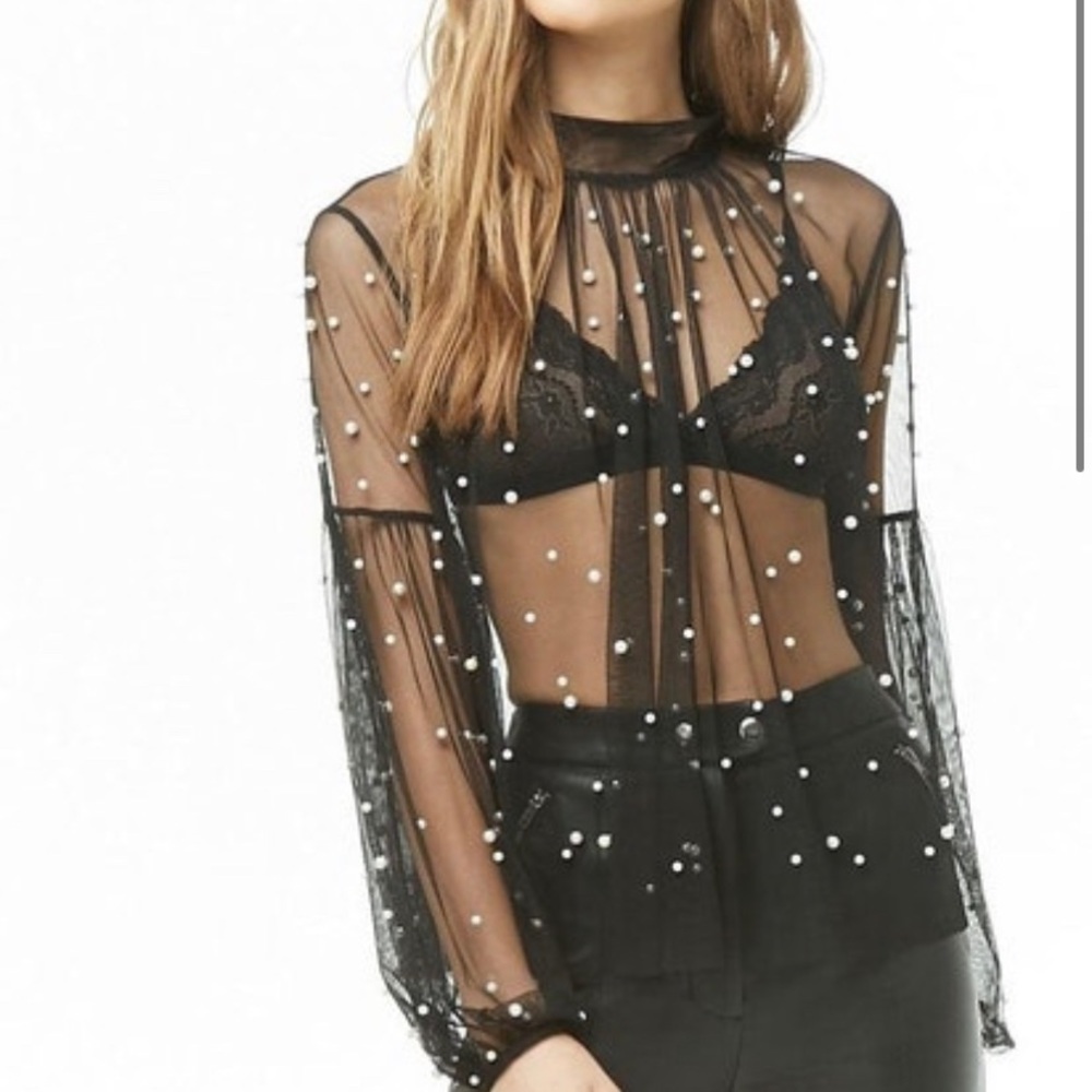 Pearls sheer top small balloon sleeve punk style faux embellished  mesh top goth